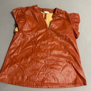 THML Rust Faux Leather Blouse with Ruffled Sleeves